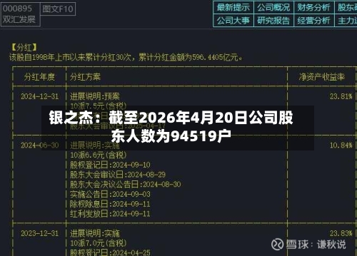 银之杰：截至2026年4月20日公司股东人数为94519户
